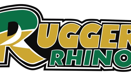 Logo featuring the text "Rugger Rhinos" in bold green and gold letters with a sporty design.