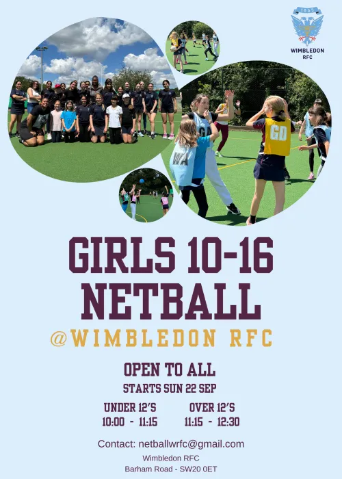 A poster advertsing netball at Wimbledon RFC.