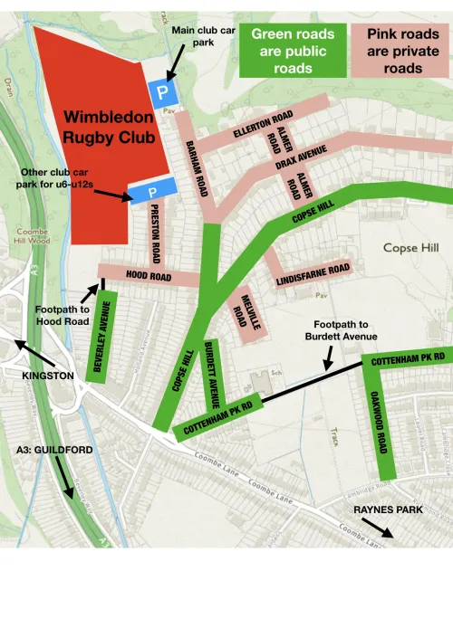 Map showing Wimbledon Rugby Club area with public and private roads labeled.